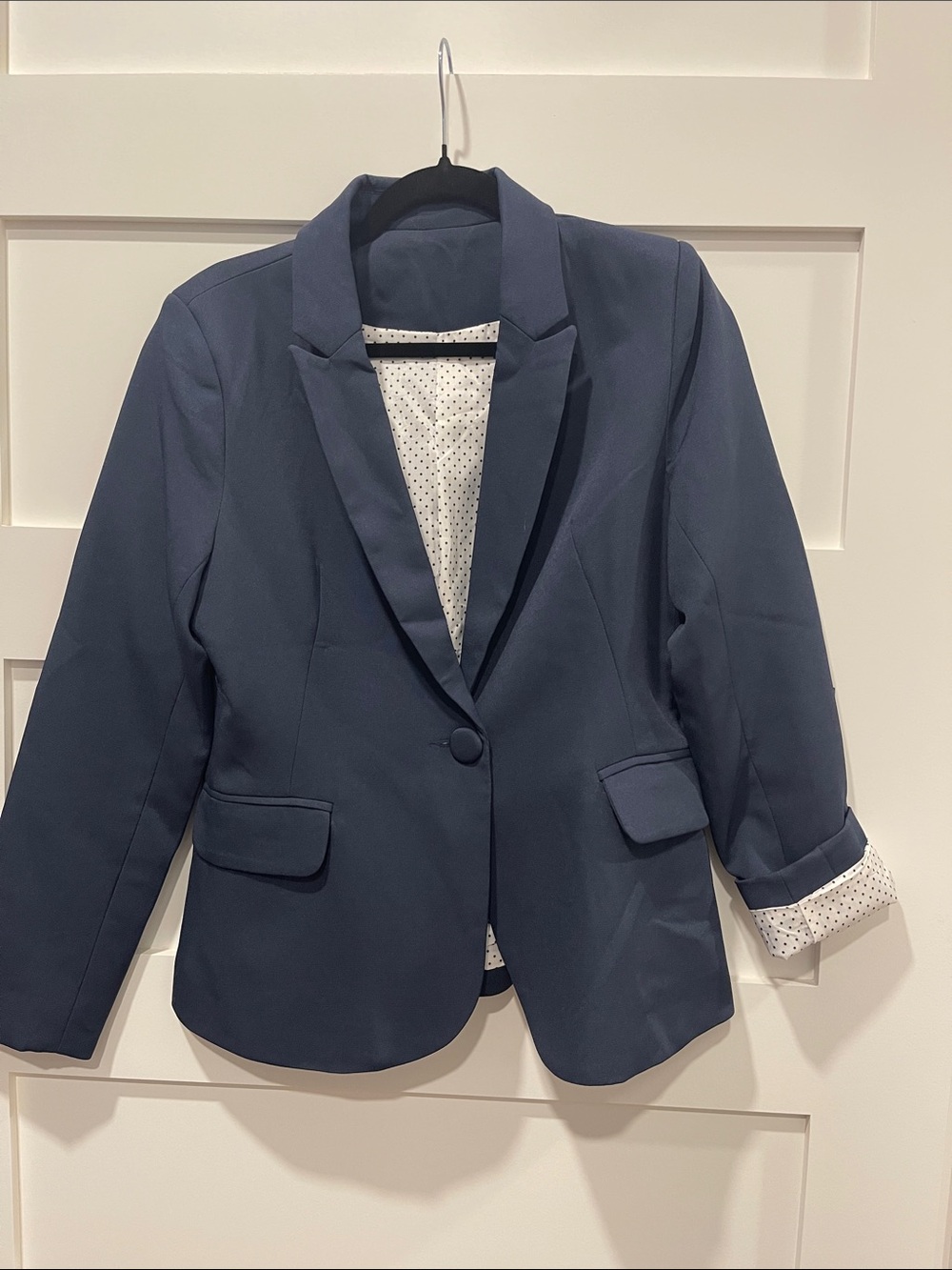 Classic Navy Single-Button Blazer with Polka Dot Lining